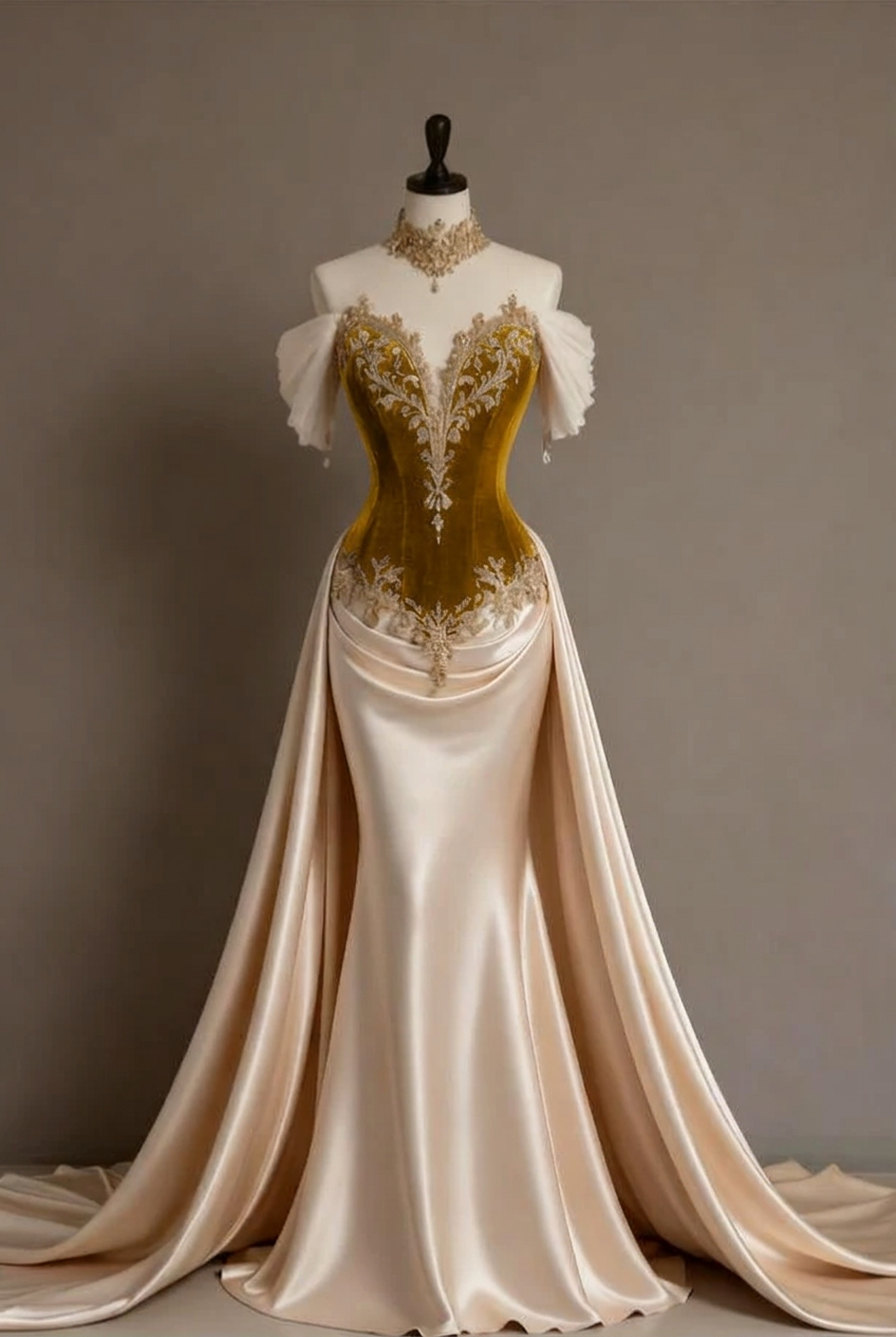 Gold off-the-shoulder applique mermaid evening dress