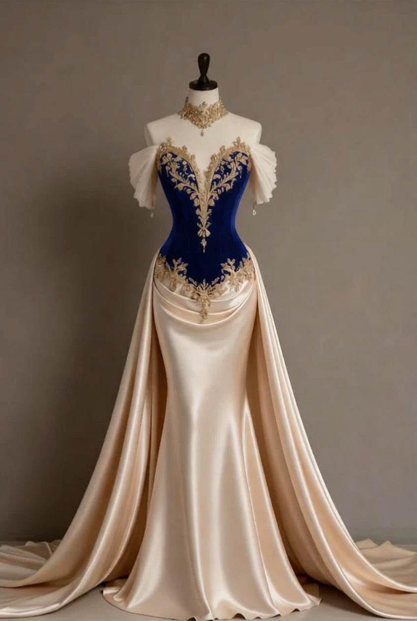 Royal blue off-the-shoulder applique mermaid evening dress