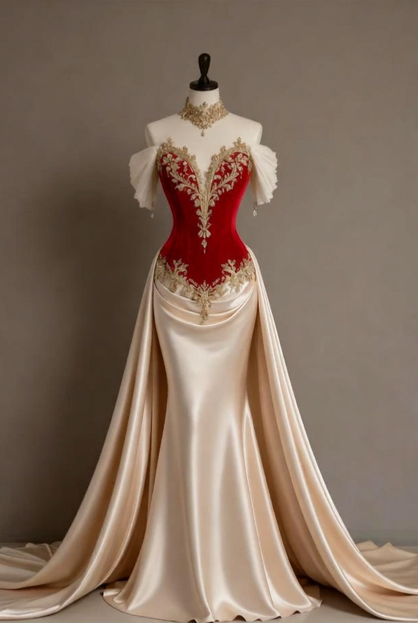Red off-the-shoulder applique mermaid evening dress