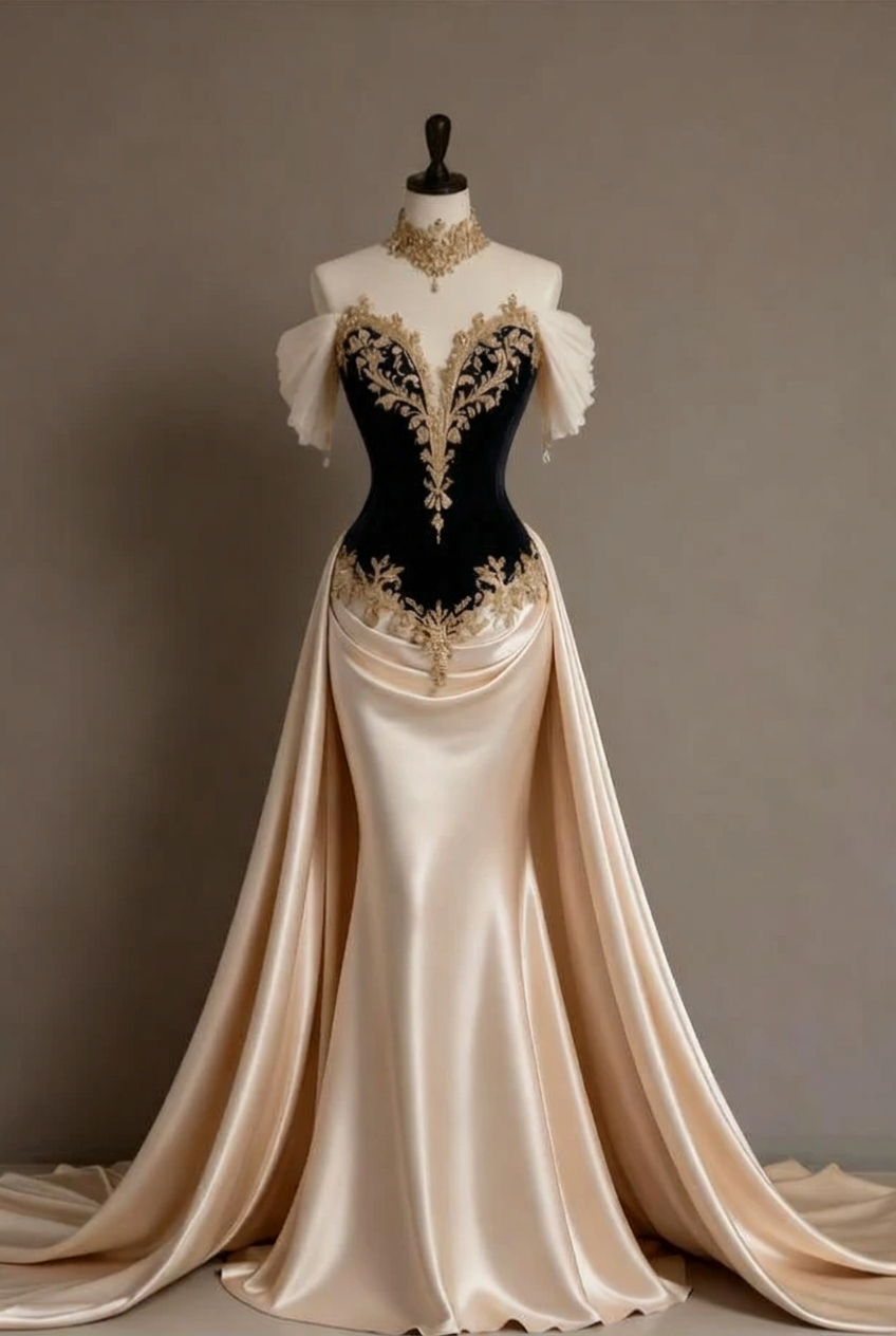 Black off-the-shoulder applique mermaid evening dress
