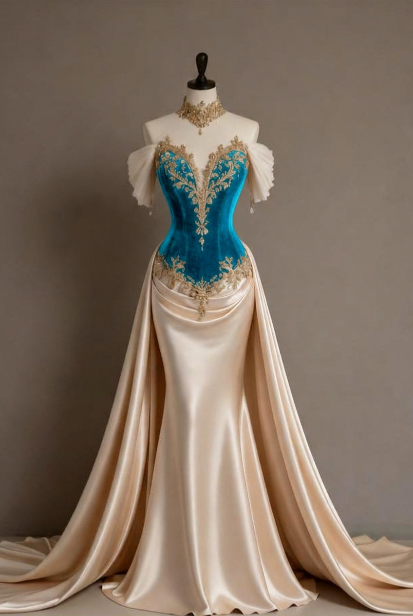 Turquoise off-the-shoulder applique mermaid evening dress