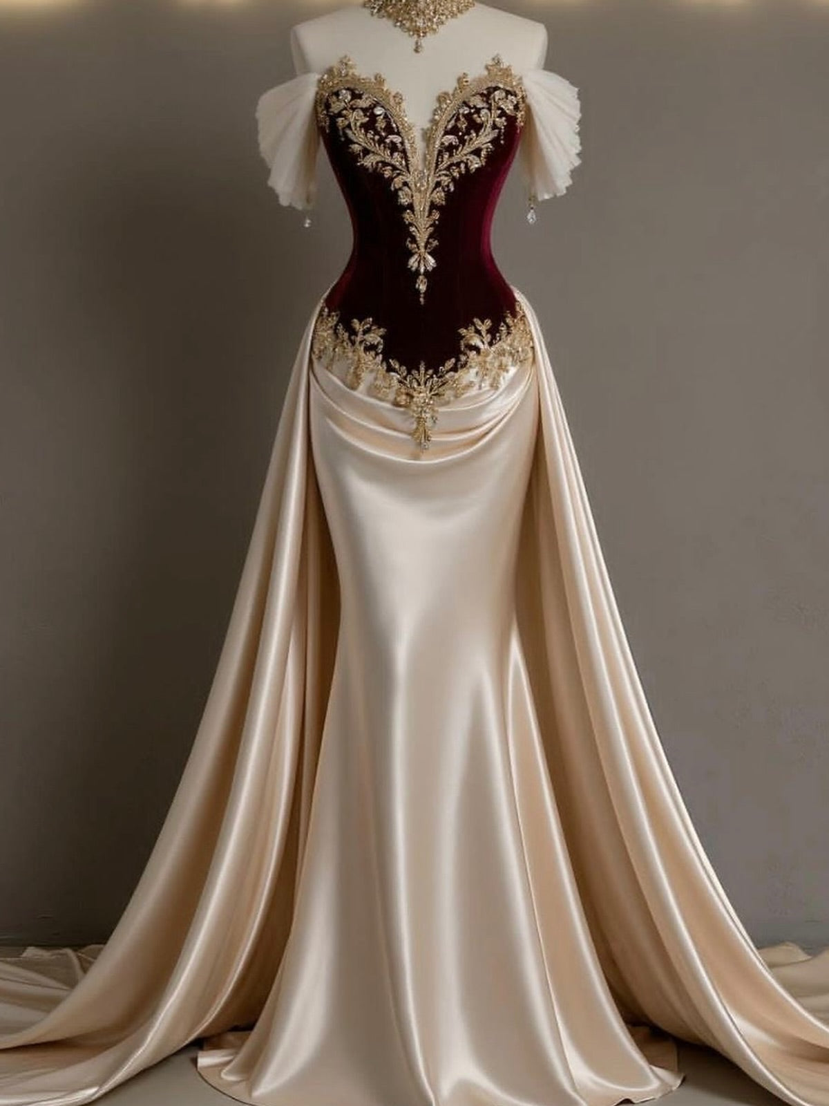 Champagne Off-the-shoulder Short Sleeve Appliques Mermaid Velvet Formal Evening Dress