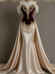 Champagne Off-the-shoulder Short Sleeve Appliques Mermaid Velvet Formal Evening Dress