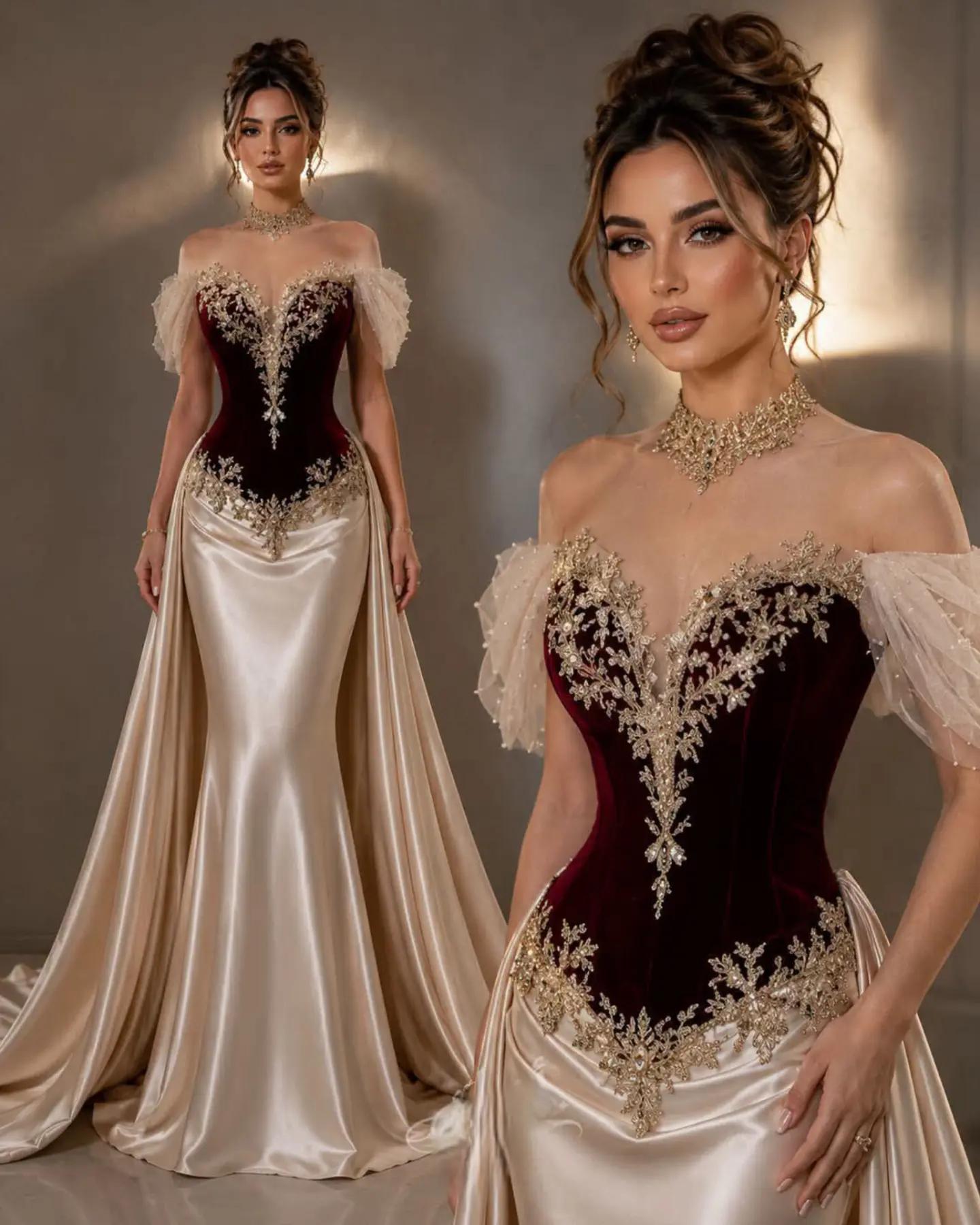 Champagne Off-the-shoulder Short Sleeve Appliques Mermaid Velvet Formal Evening Dress