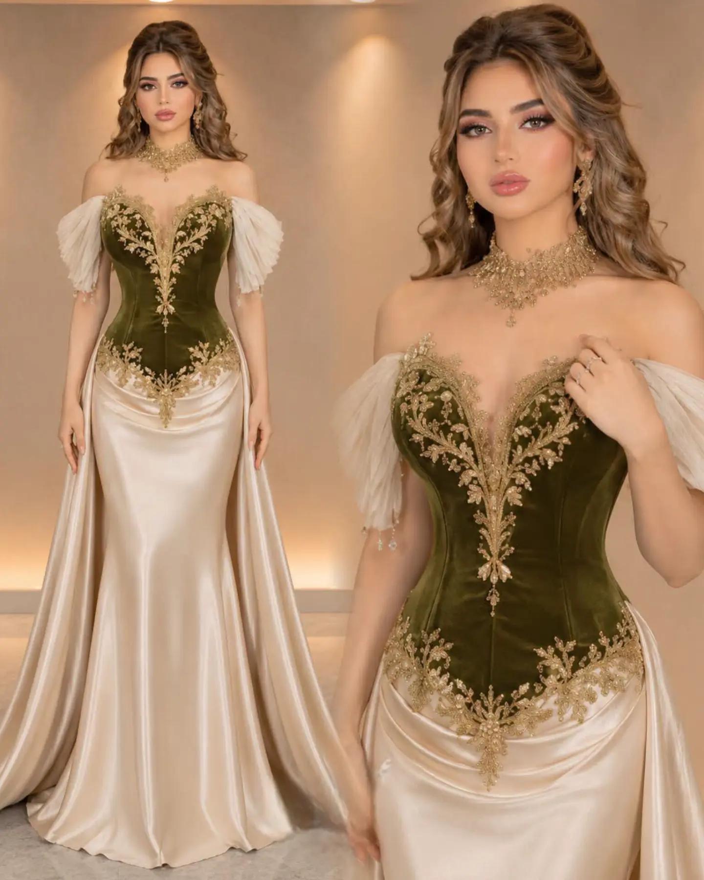 Champagne Off-the-shoulder Short Sleeve Appliques Mermaid Velvet Formal Evening Dress