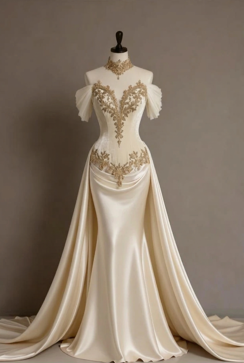 Ivory off-the-shoulder applique mermaid evening dress
