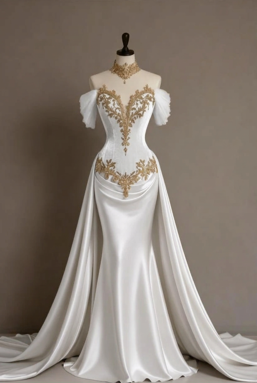 White off-the-shoulder applique mermaid evening dress