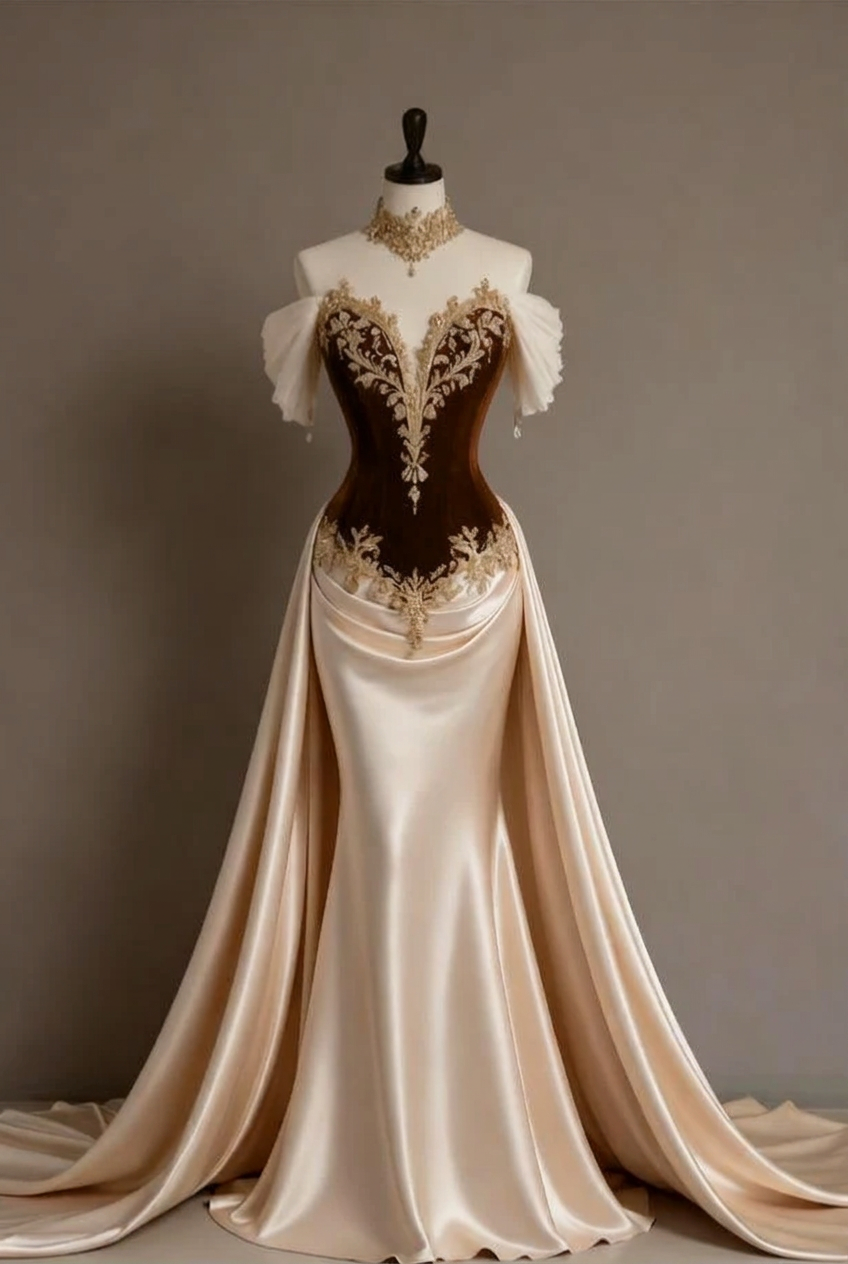 Chocolate off-the-shoulder applique mermaid evening dress