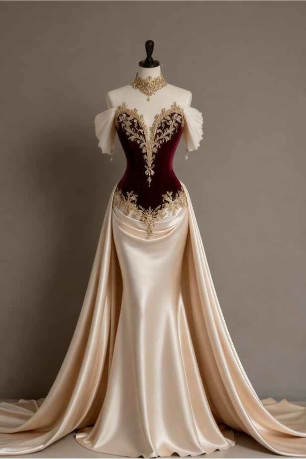 Champagne Off-the-shoulder Short Sleeve Appliques Mermaid Velvet Formal Evening Dress