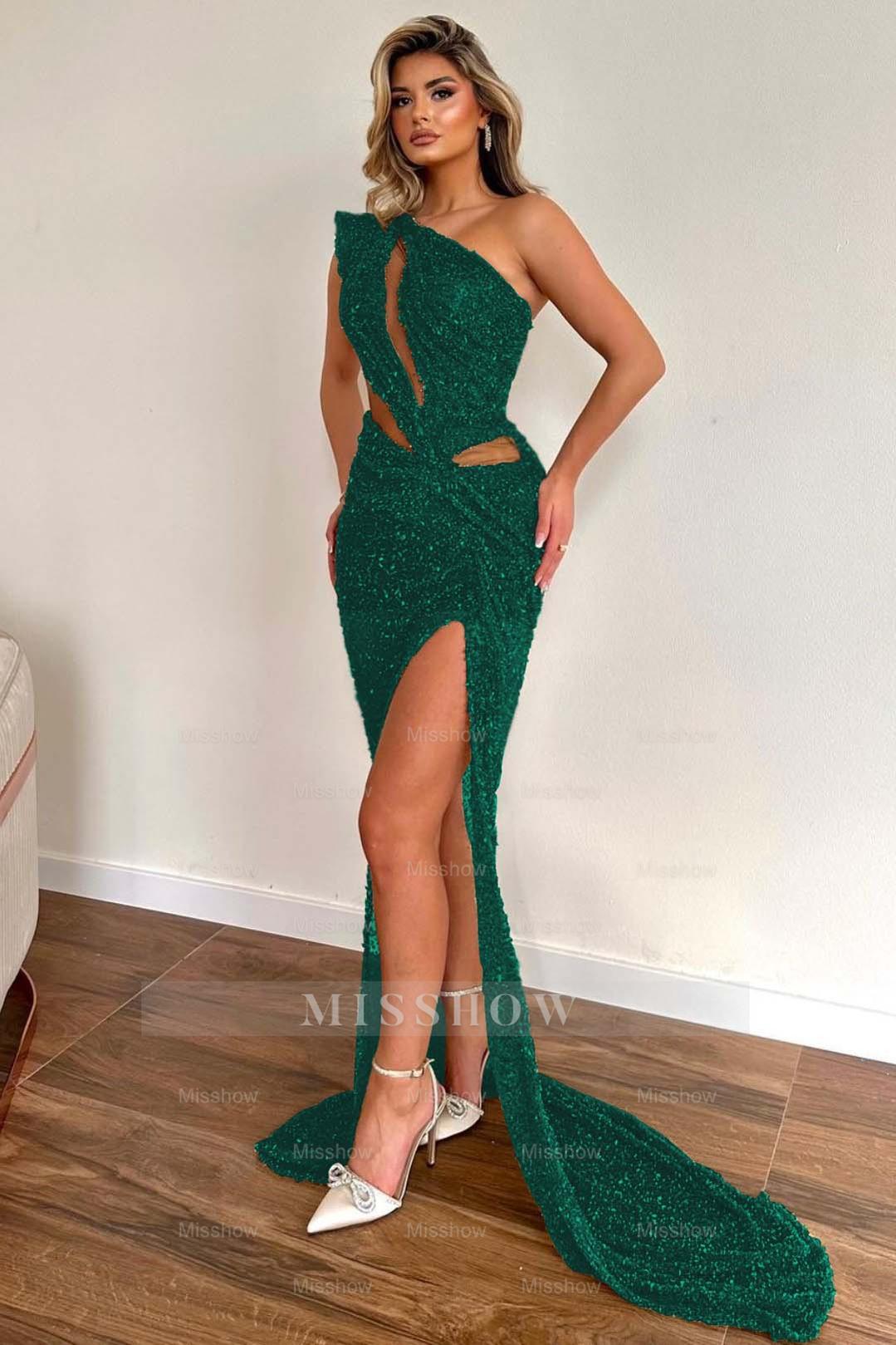 Champagne One Shoulder Sleeveless Sequined Mermaid Floor Length Formal Evening Dress