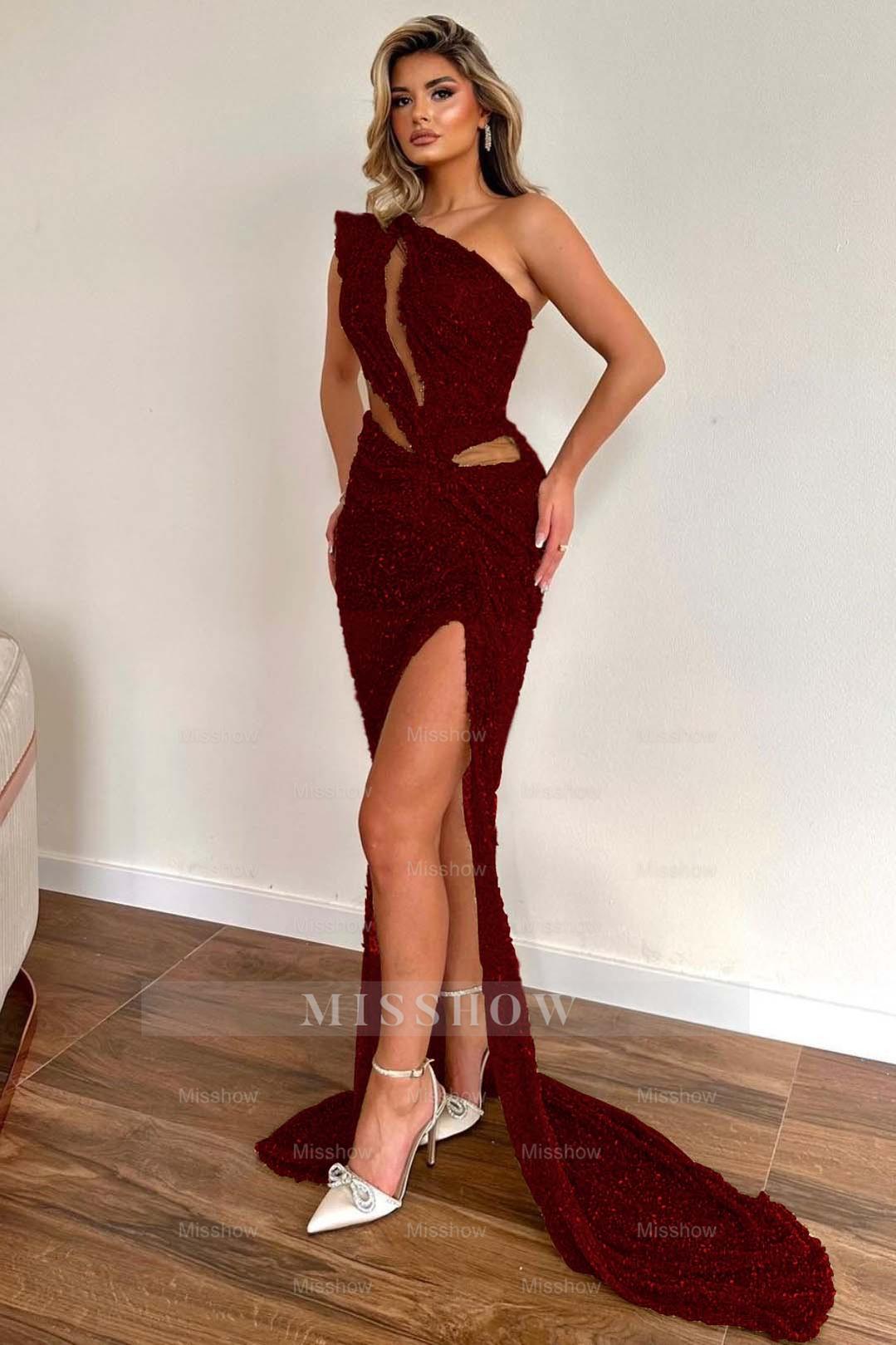 Champagne One Shoulder Sleeveless Sequined Mermaid Floor Length Formal Evening Dress
