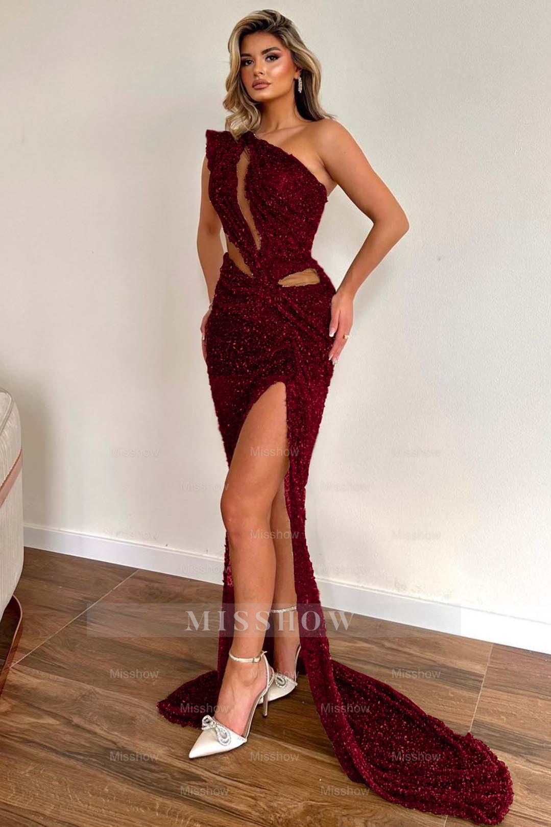 Champagne One Shoulder Sleeveless Sequined Mermaid Floor Length Formal Evening Dress