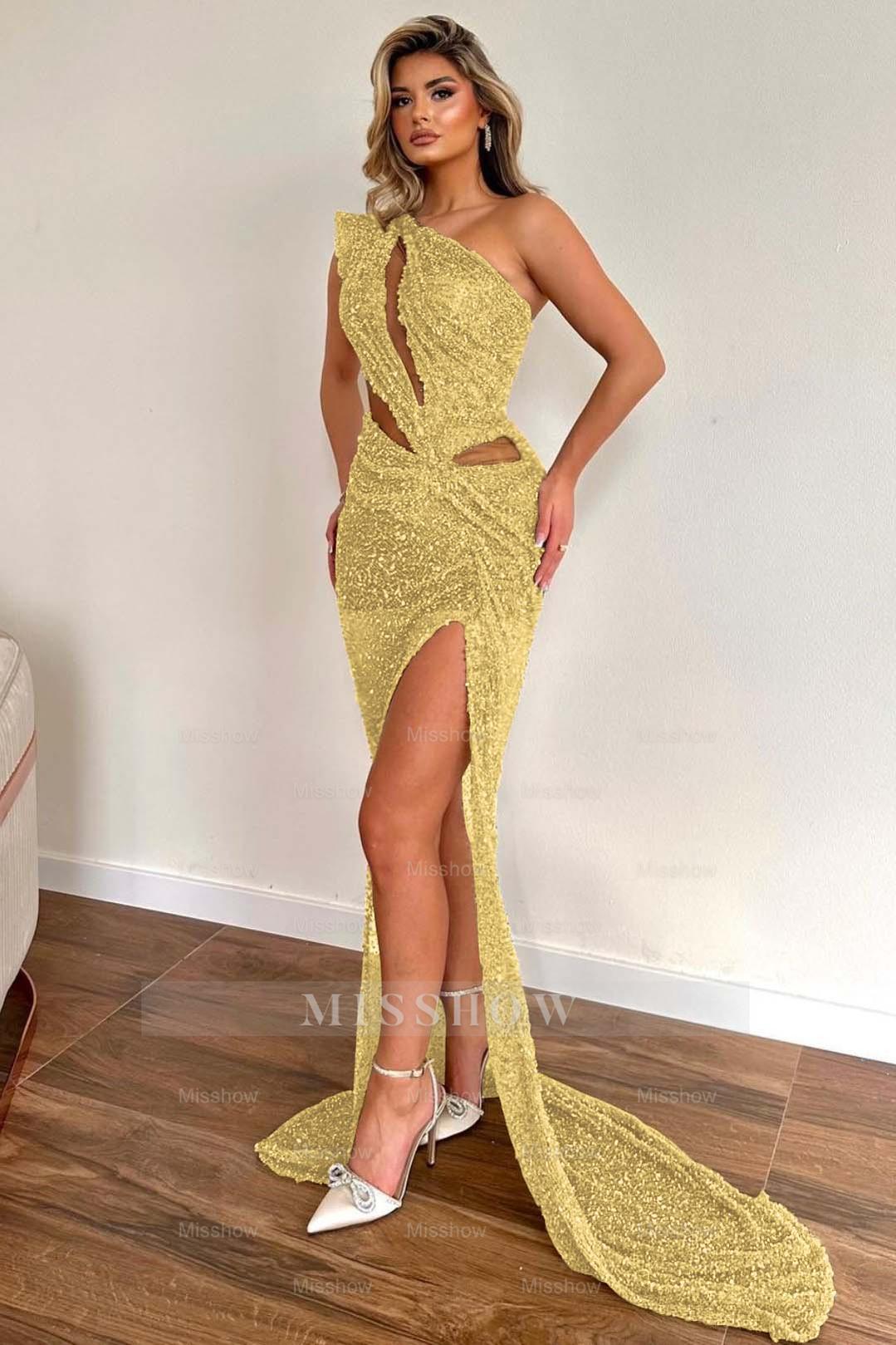 Champagne One Shoulder Sleeveless Sequined Mermaid Floor Length Formal Evening Dress