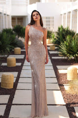 Champagne One Shoulder Sleeveless Sequined Mermaid Rhinestone Beading Formal Evening Gown