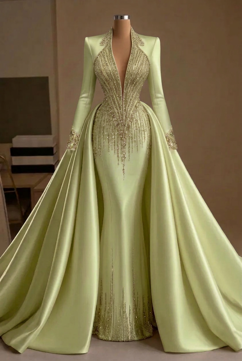 Sage v-neck beaded mermaid evening dress