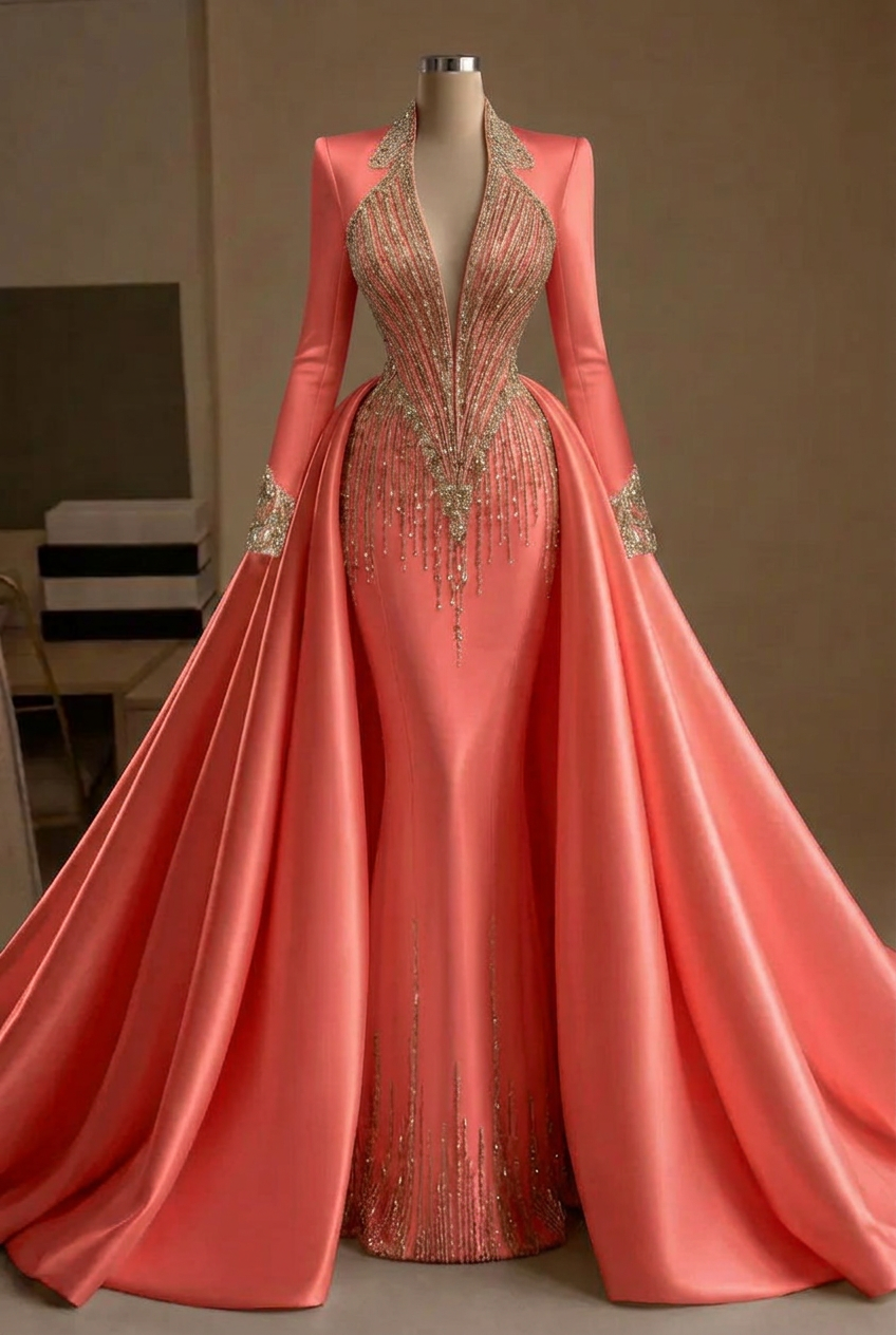 Coral v-neck beaded mermaid evening dress