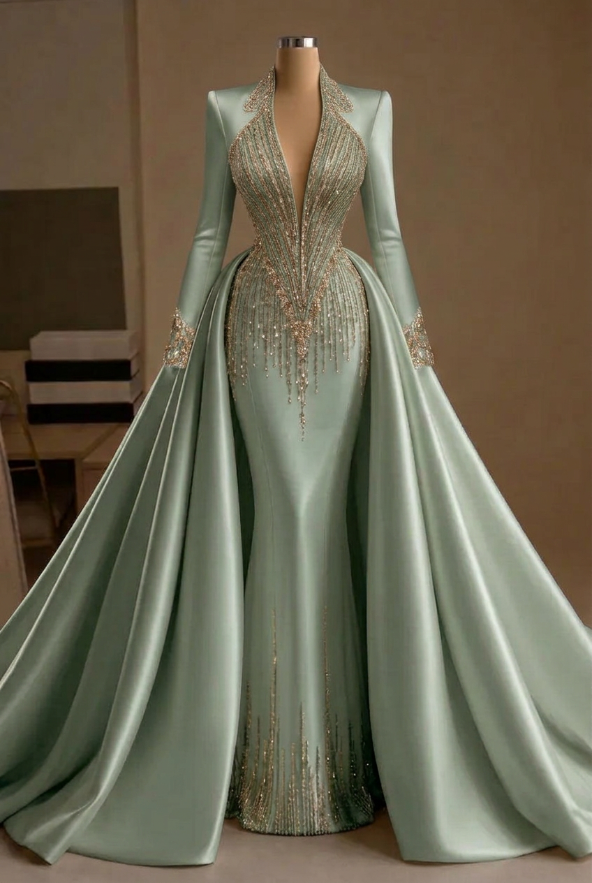 Dusty sage v-neck beaded mermaid evening dress