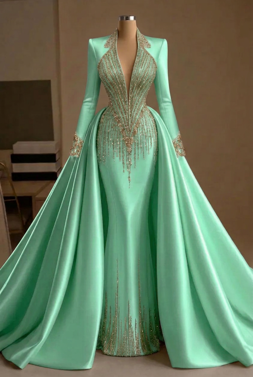 Mint green v-neck beaded mermaid evening dress