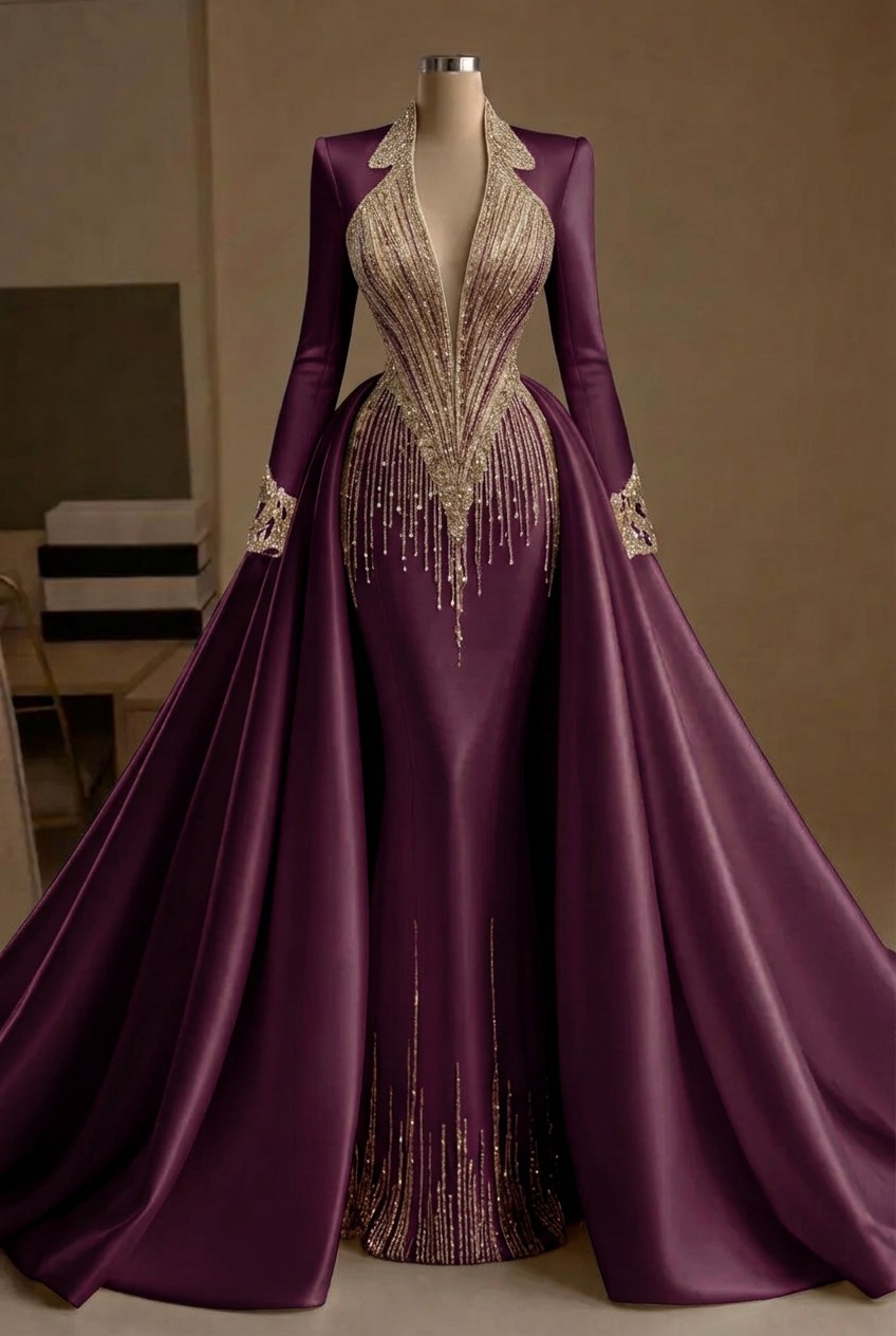 Grape v-neck beaded mermaid evening dress