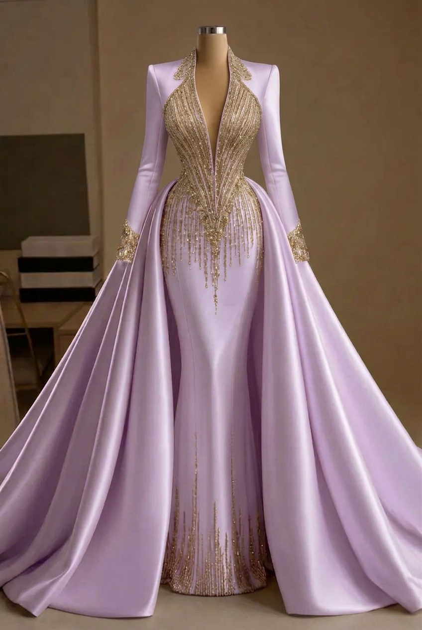 Lavender v-neck beaded mermaid evening dress