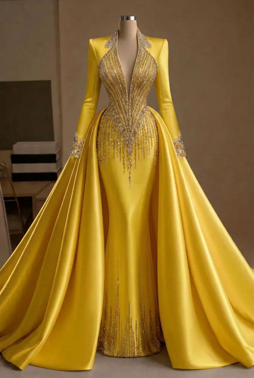 Yellow v-neck beaded mermaid evening dress