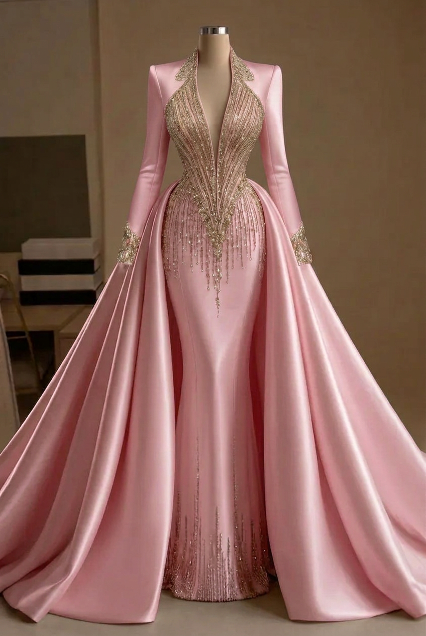 Candy pink v-neck beaded mermaid evening dress