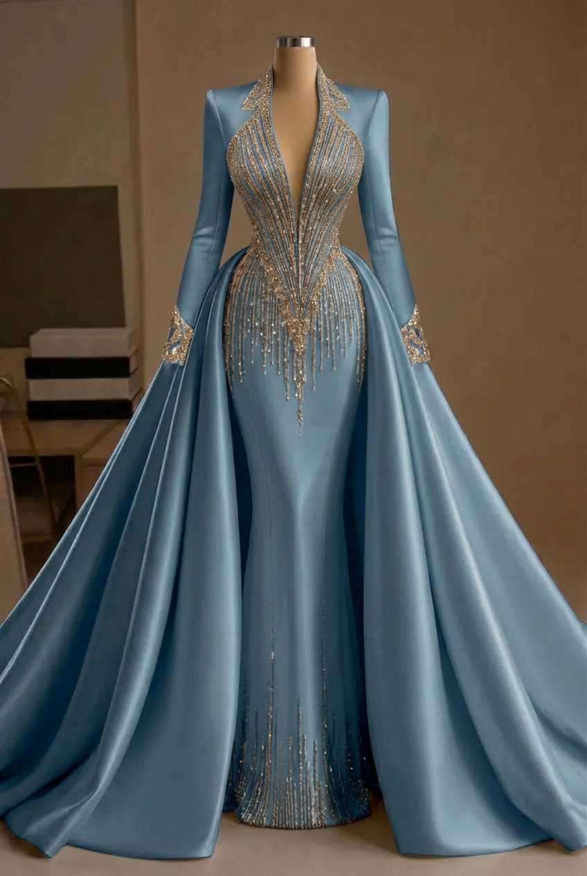Dusty blue v-neck beaded mermaid evening dress
