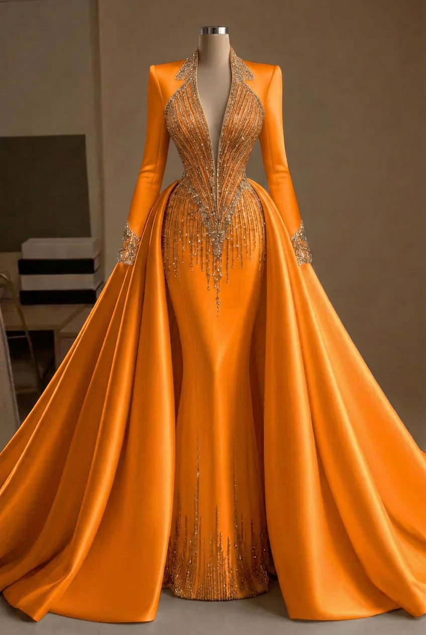 Orange v-neck beaded mermaid evening dress