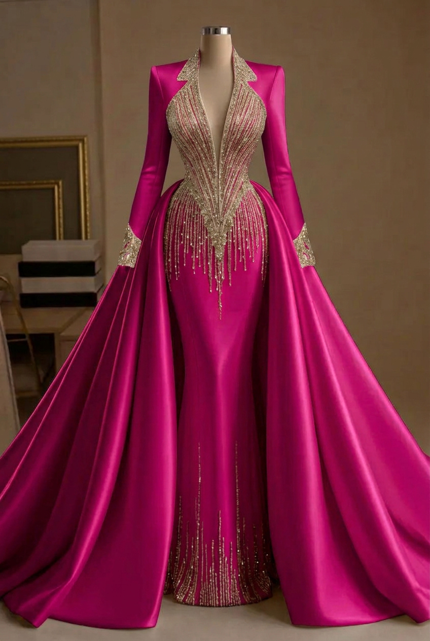 Fuchsia v-neck beaded mermaid evening dress