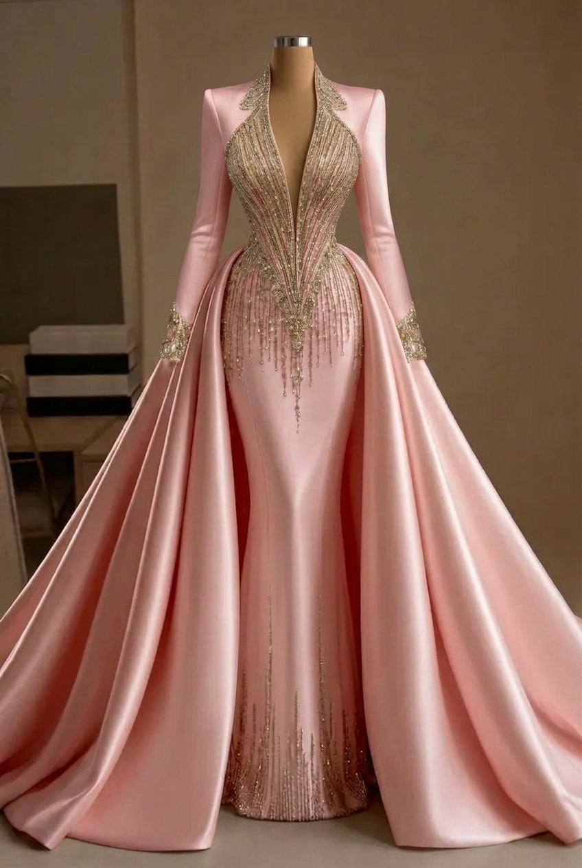 Blushing pink v-neck beaded mermaid evening dress