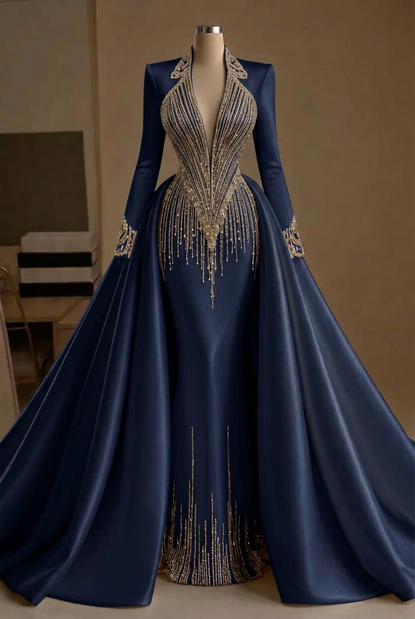 Dark navy v-neck beaded mermaid evening dress