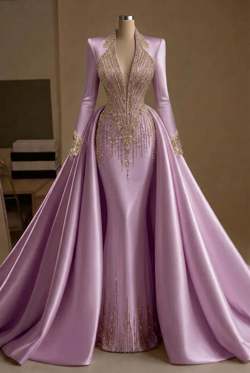 Lilac v-neck beaded mermaid evening dress
