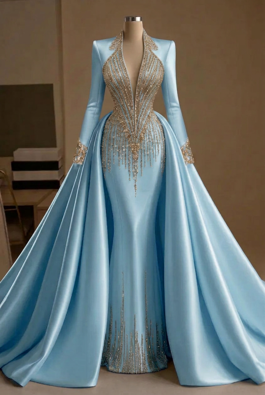 Light blue v-neck beaded mermaid evening dress