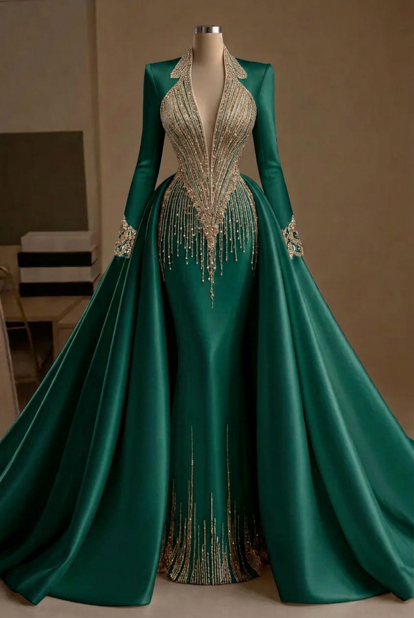Dark green v-neck beaded mermaid evening dress