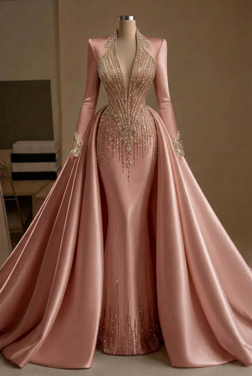 Dusty rose v-neck beaded mermaid evening dress