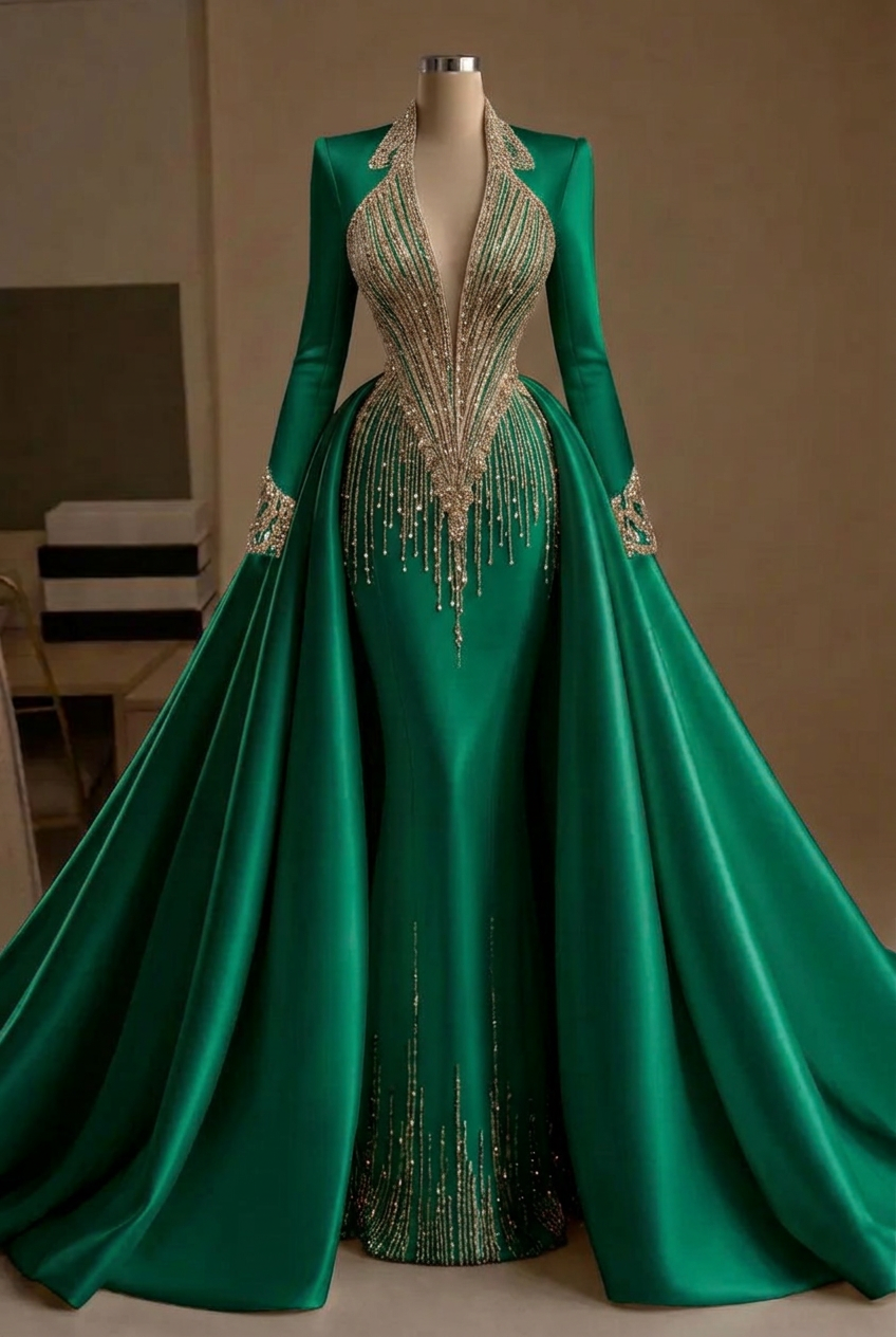 Emerald green v-neck beaded mermaid evening dress
