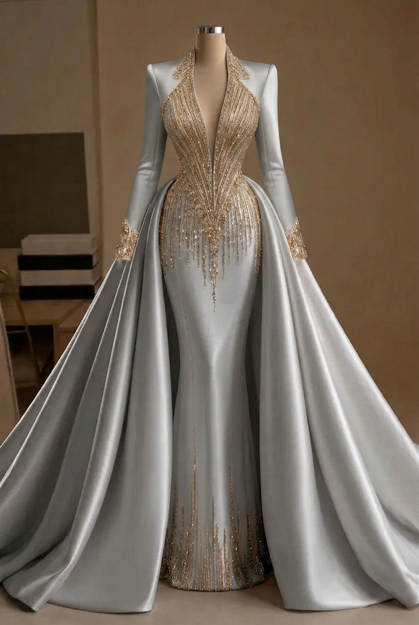 Silver v-neck beaded mermaid evening dress
