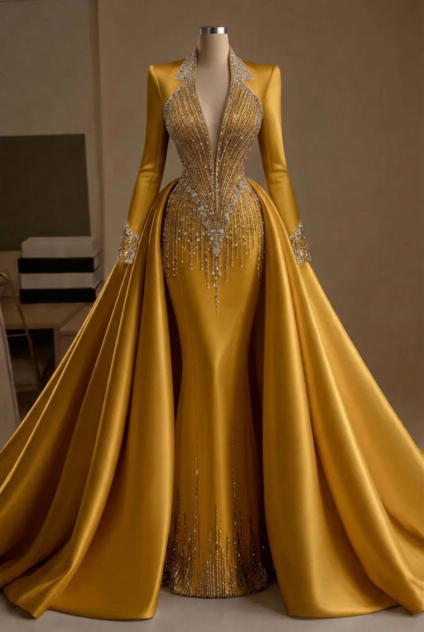 Gold v-neck beaded mermaid evening dress
