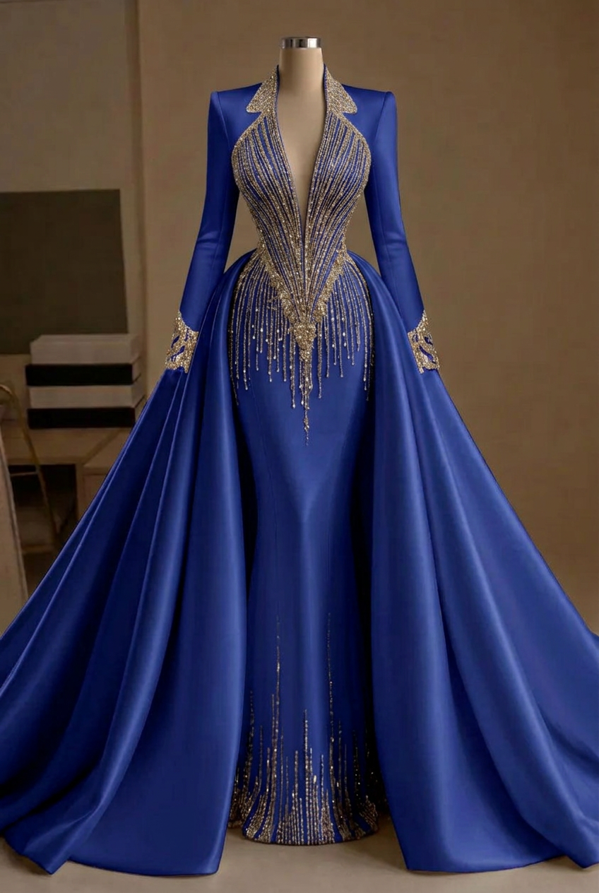 Royal blue v-neck beaded mermaid evening dress