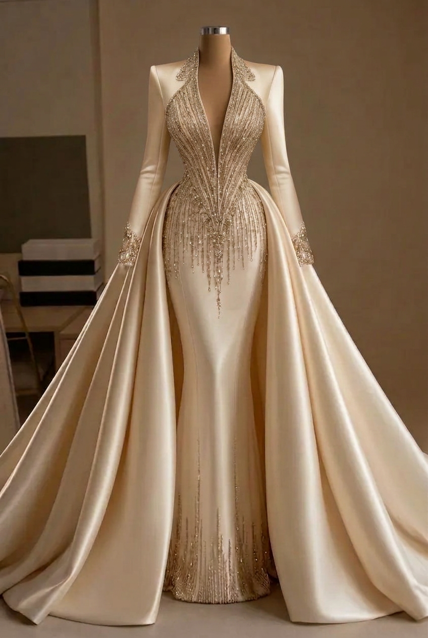 Champagne v-neck beaded mermaid evening dress
