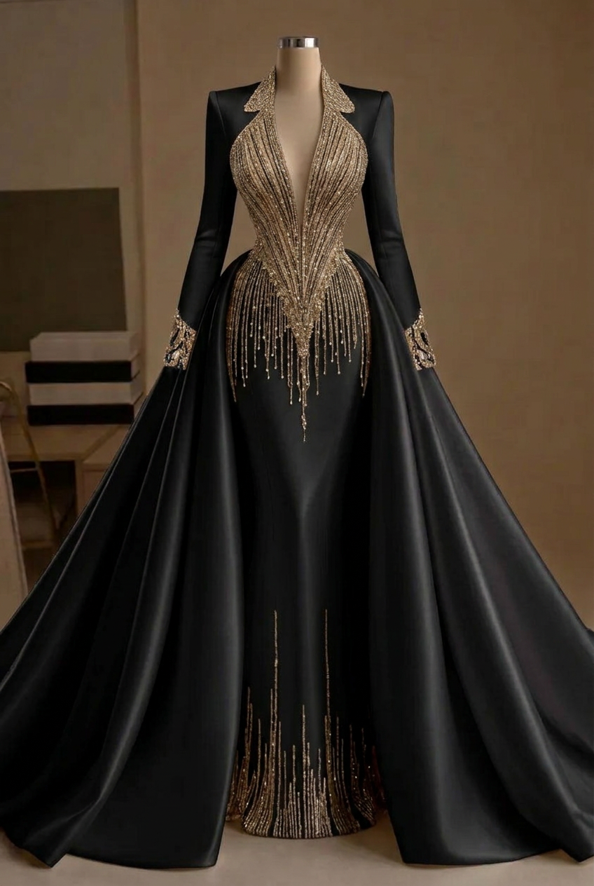 Black v-neck beaded mermaid evening dress