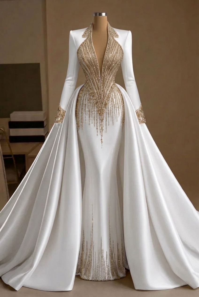 White v-neck beaded mermaid evening dress
