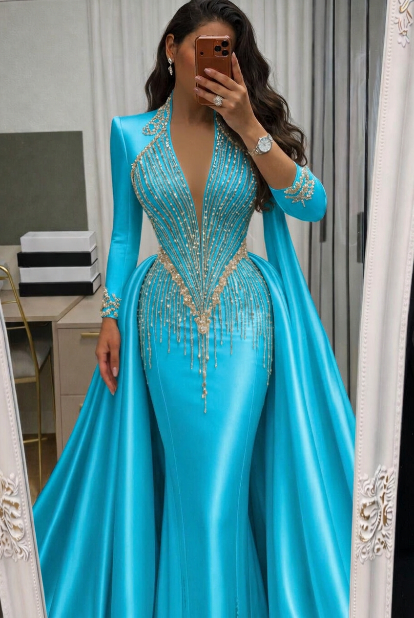 Turquoise v-neck beaded mermaid evening dress
