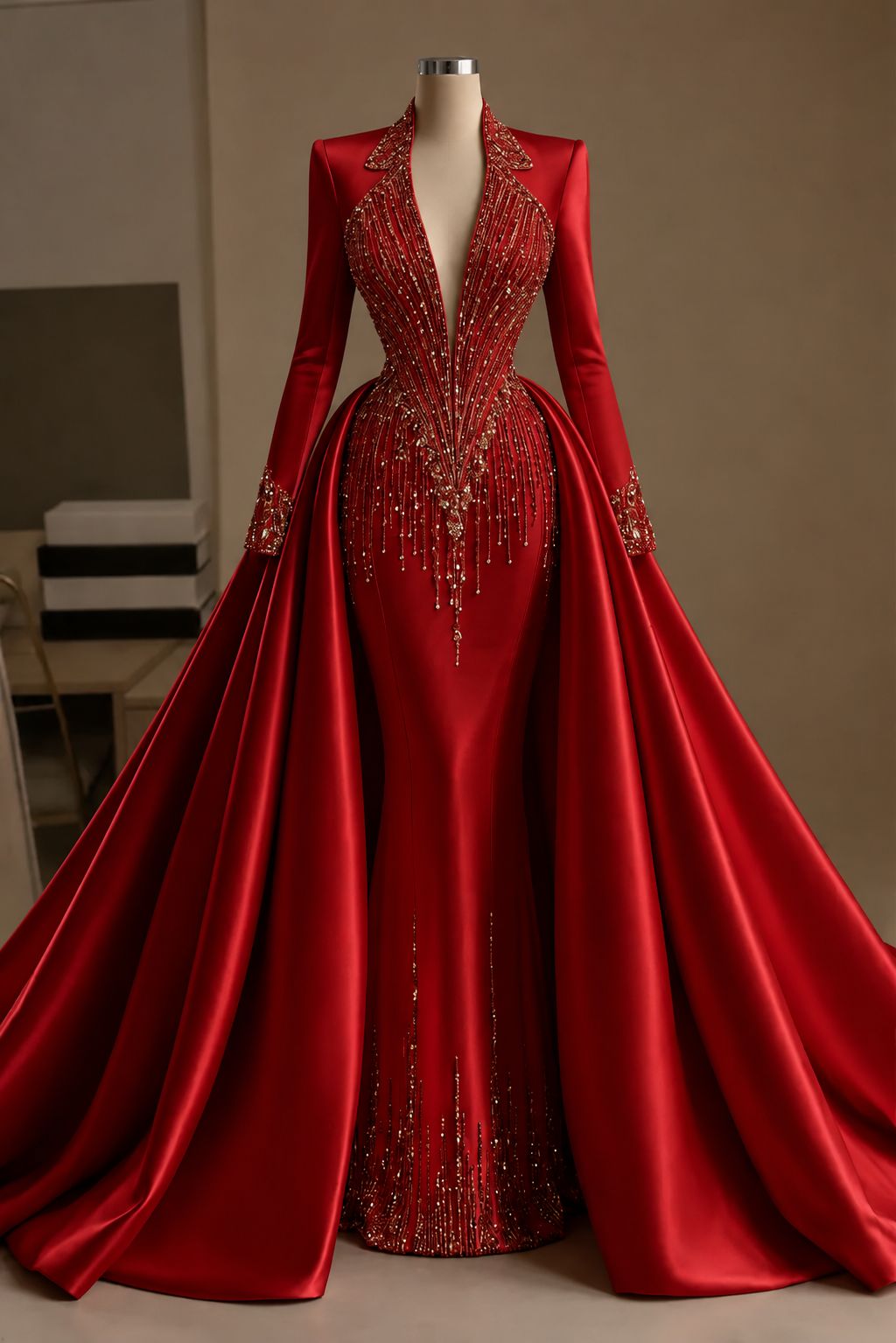 Red v-neck beaded mermaid evening dress