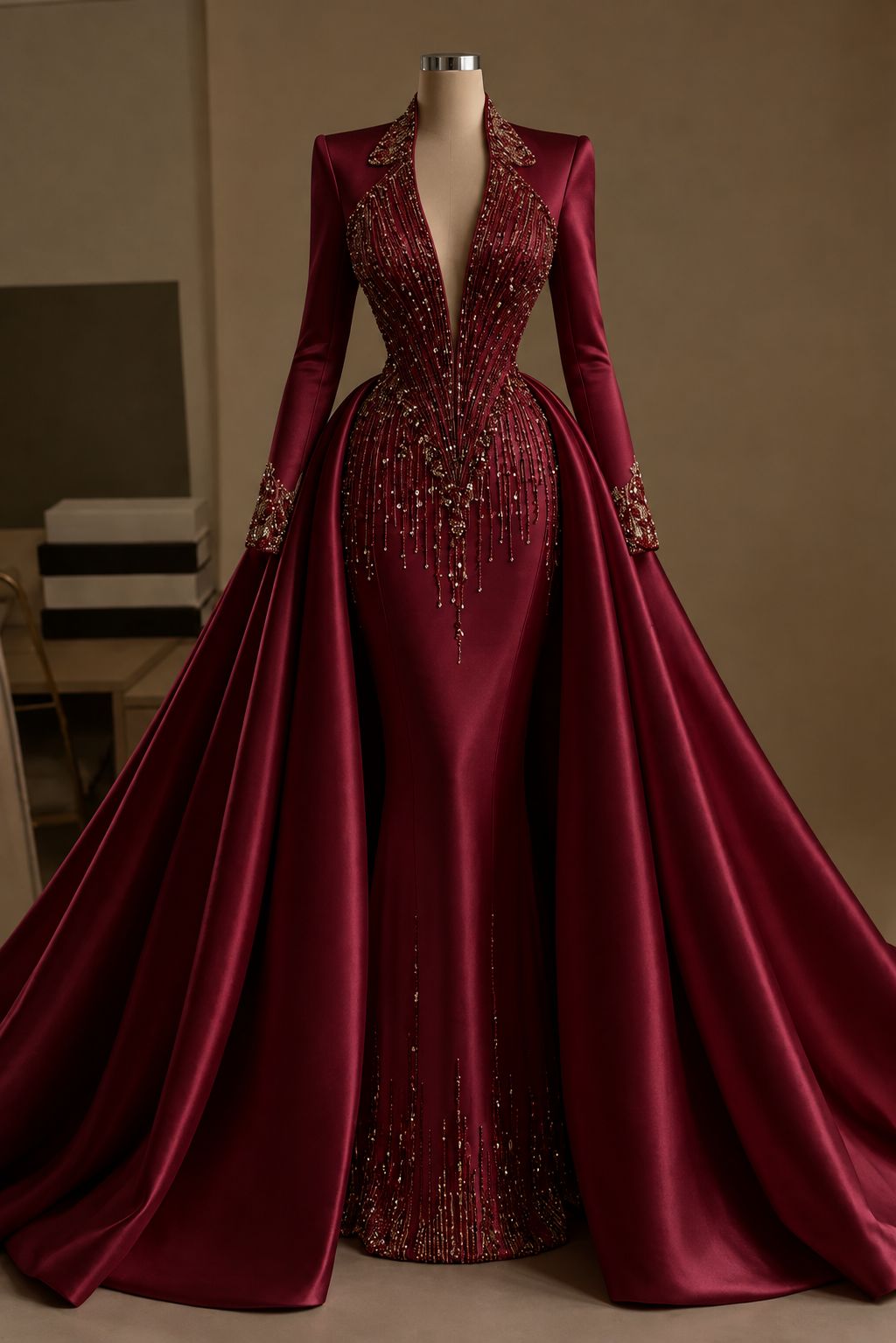 Burgundy v-neck beaded mermaid evening dress