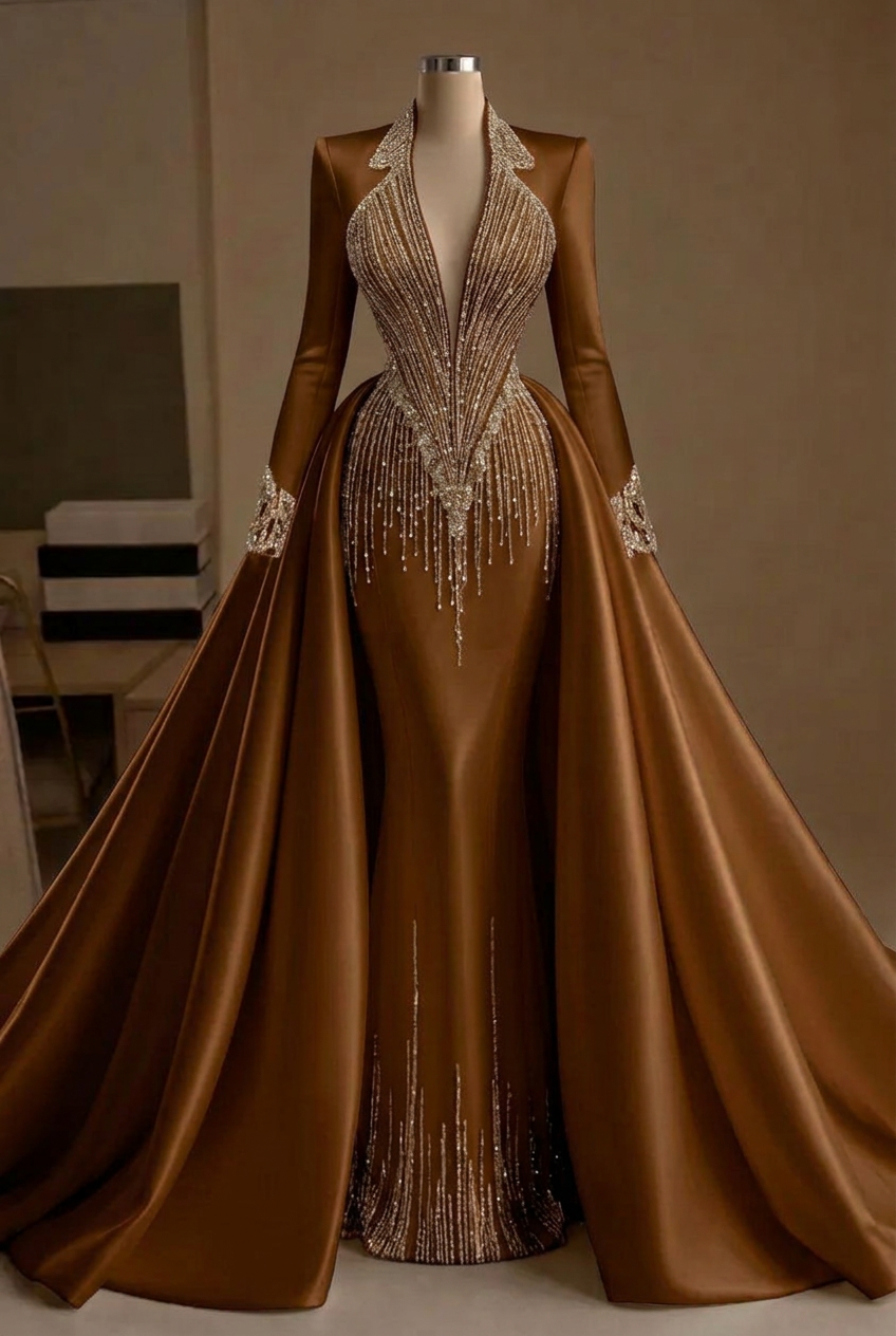 Chocolate v-neck beaded mermaid evening dress