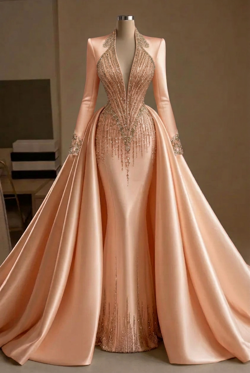 Pearl pink v-neck beaded mermaid evening dress