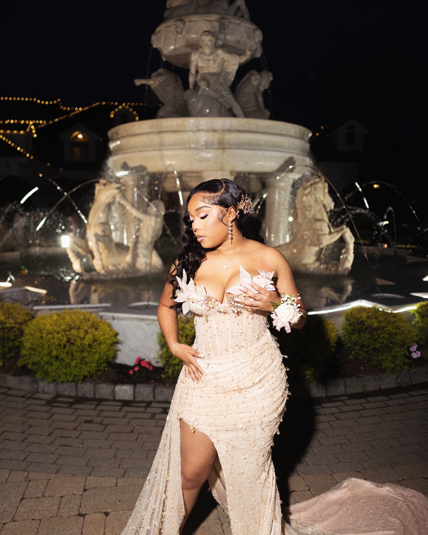 Champagne Plus Size Mermaid Prom Dress Strapless Sweetheart 3D White Feather Floral Applique Shoulder Sheer Illusion Boned Corset Heavy Champagne Gold Beading Sequin Rhinestone High Split Cathedral Train Gown