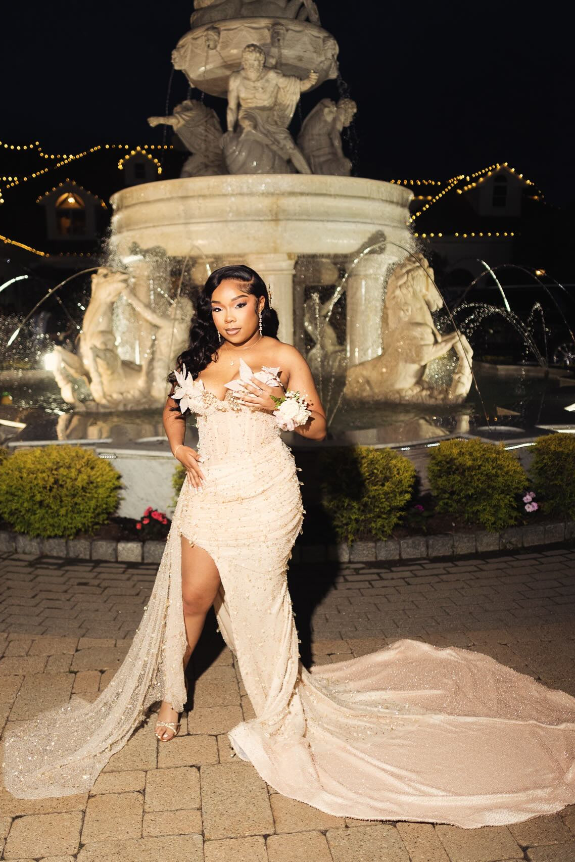 Champagne Plus Size Mermaid Prom Dress Strapless Sweetheart 3D White Feather Floral Applique Shoulder Sheer Illusion Boned Corset Heavy Champagne Gold Beading Sequin Rhinestone High Split Cathedral Train Gown