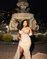 Champagne Plus Size Mermaid Prom Dress Strapless Sweetheart 3D White Feather Floral Applique Shoulder Sheer Illusion Boned Corset Heavy Champagne Gold Beading Sequin Rhinestone High Split Cathedral Train Gown